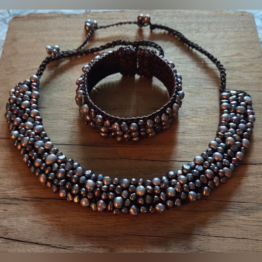 Vintage Handmade Woven Freshwater Pearl Choker/Collar Necklace and Bracelet Set